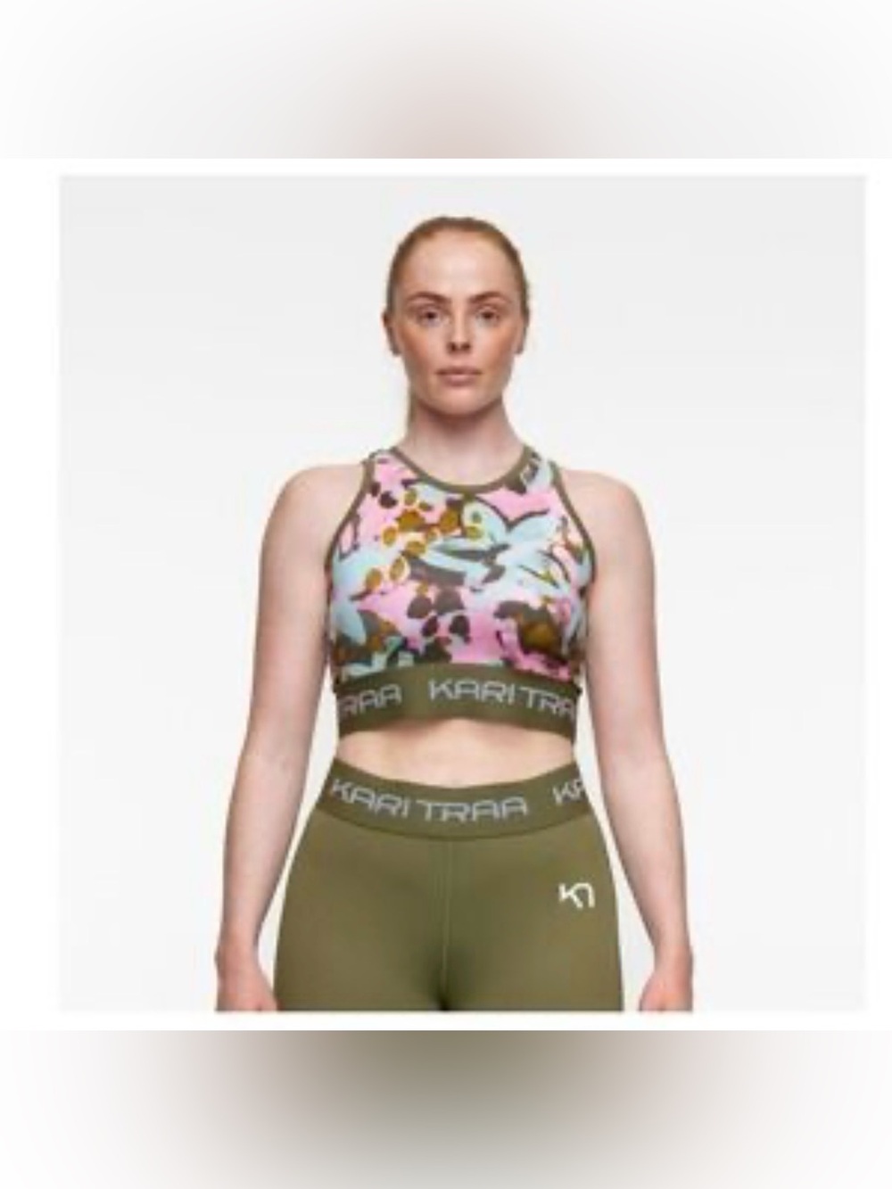 Kari Traa Vilde Womens Training Top S Pink Olive Abstract Floral Racerback Crop